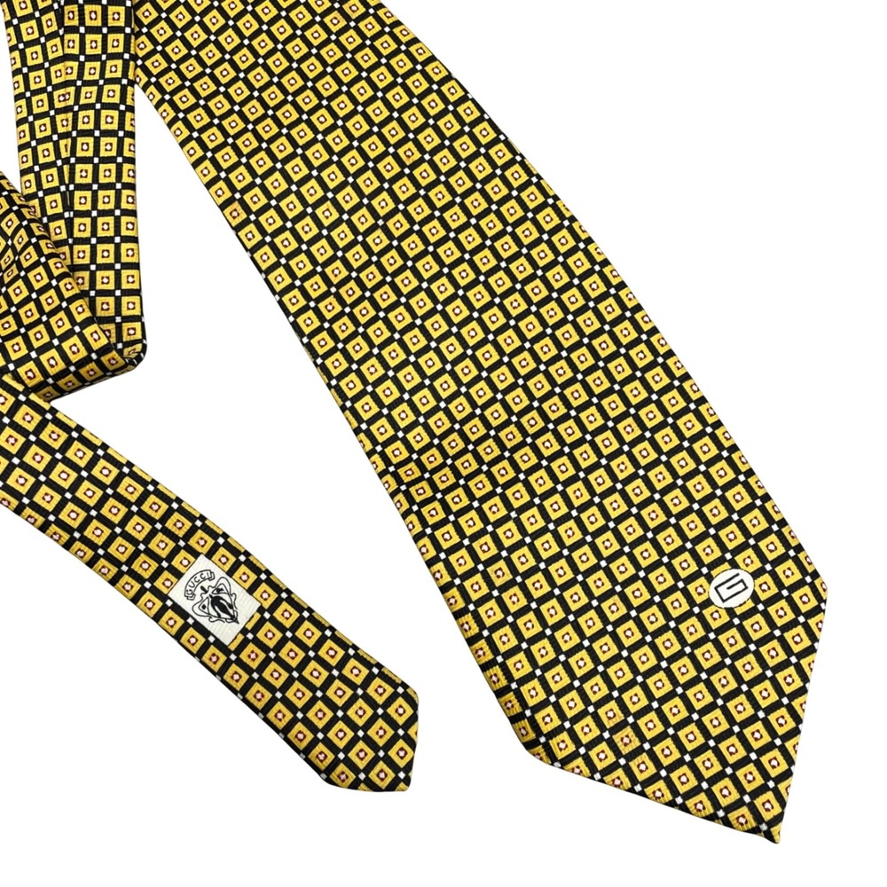 Gucci Necktie Mens OS Yellow Black White Geometric Square Pattern Silk Italy